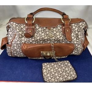 DKNY Beige/Brown Signature Canvas and Leather Satchel With Keychain Coin Purse